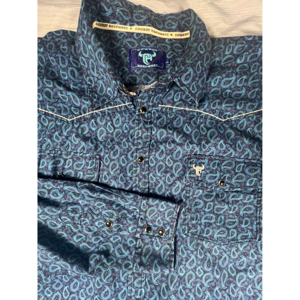 Cowboy Hardware‎ Mens XXL Blue Paisley Western Pearl Snap Shirt Contrast Piping